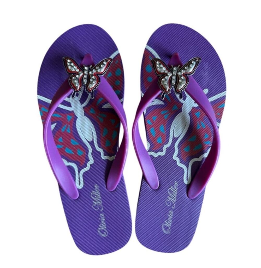 Olivia Miller‎ Butterfly Flip Flops Purple Rhinestone Embellished Sandals 6/6.5